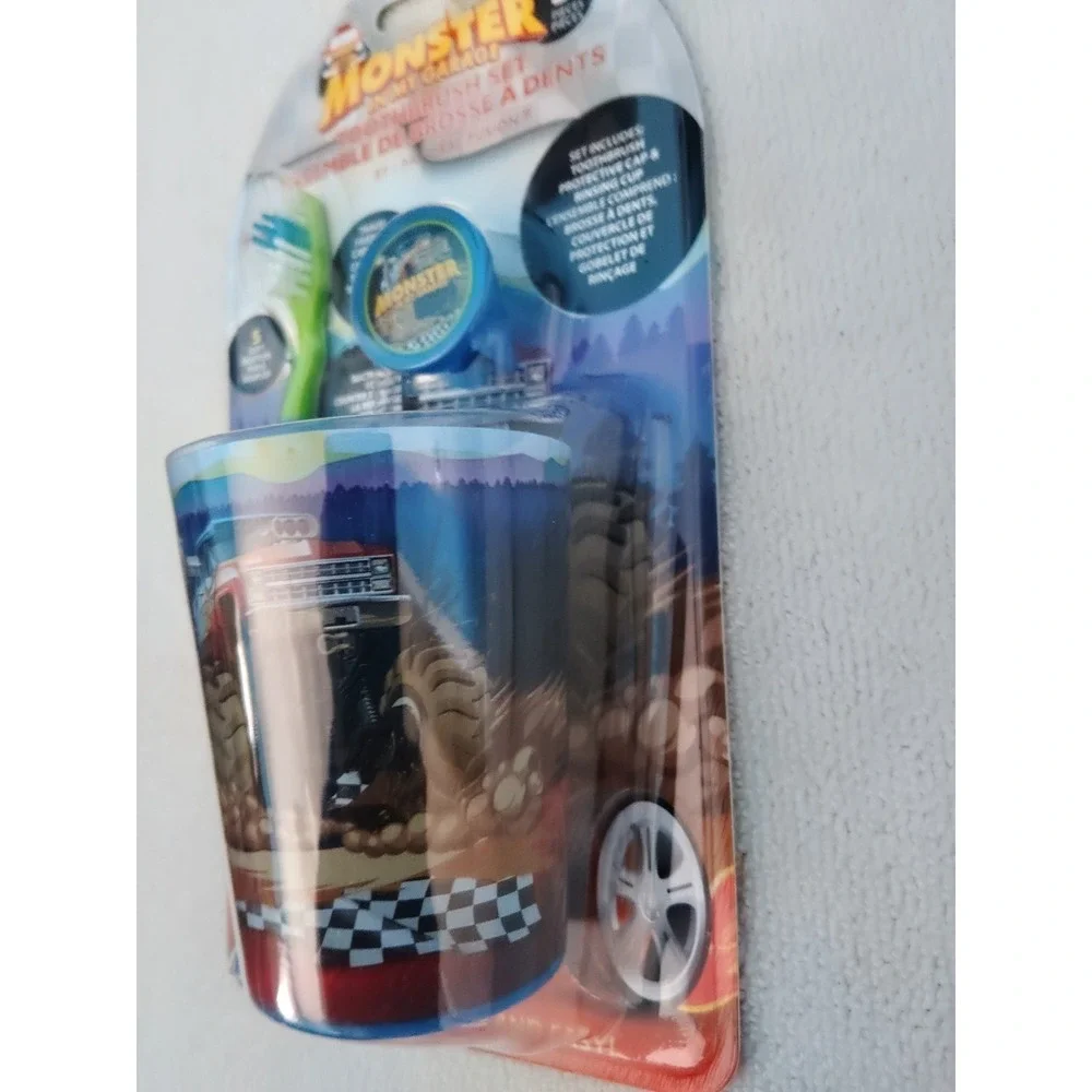 Monster In My Garage Kids Toothbrush Set Soft Nylon Bristles Cup Cap Blue Green
